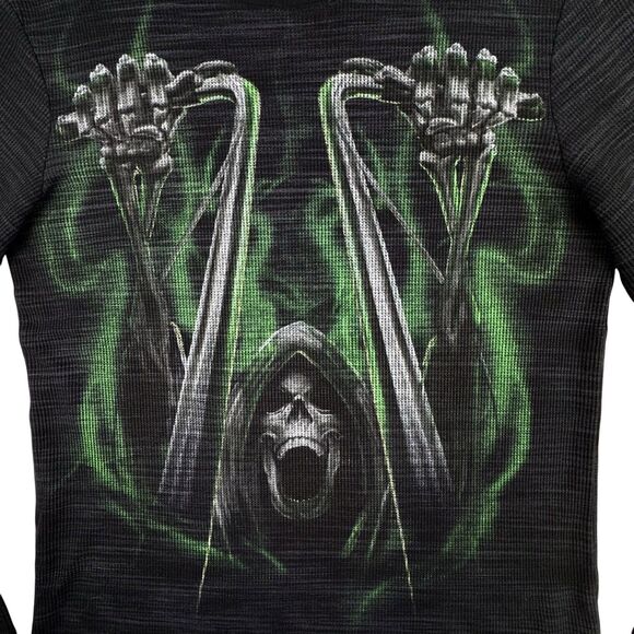 Cyber Skull Men Black Thermal Waffle Knit Shirt L Y2K Grunge Biker Jesse Pinkman - Picture 3 of 13